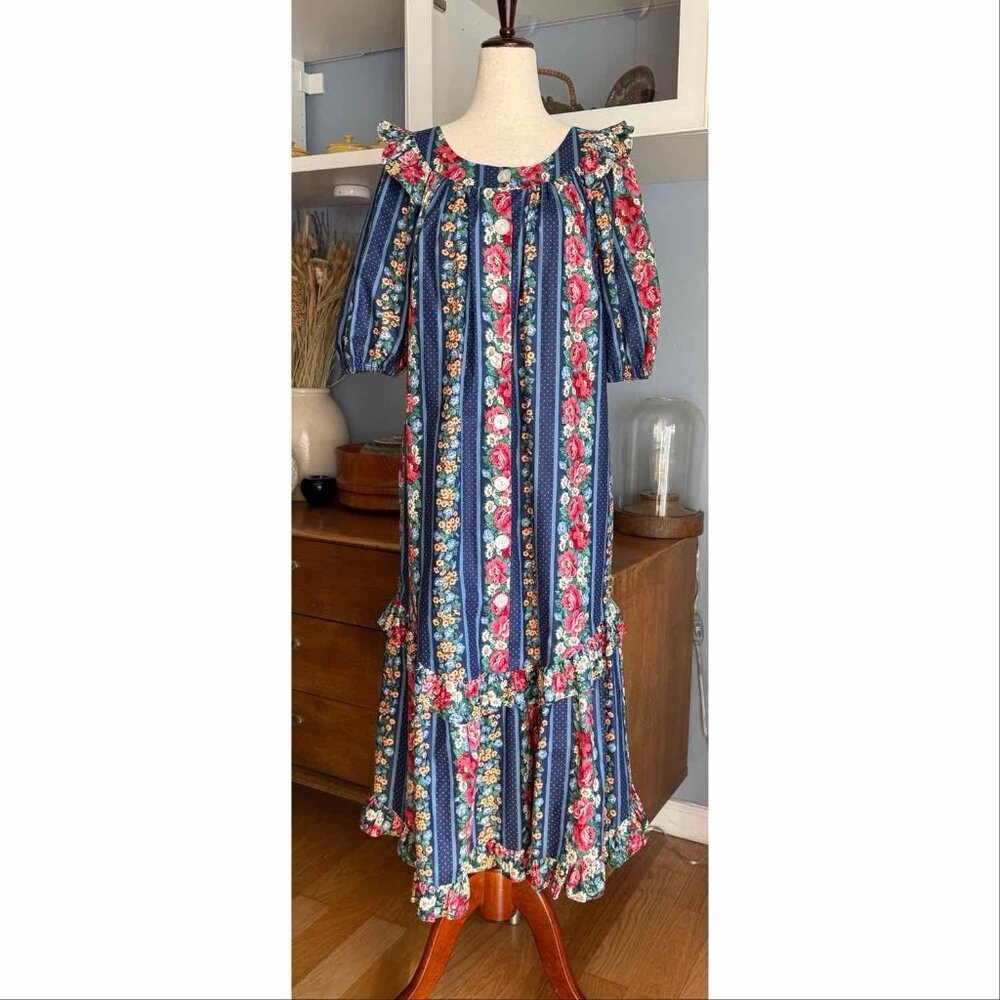 SOLD Cotton Dress Blue Floral Print Ruffles Prairie 8